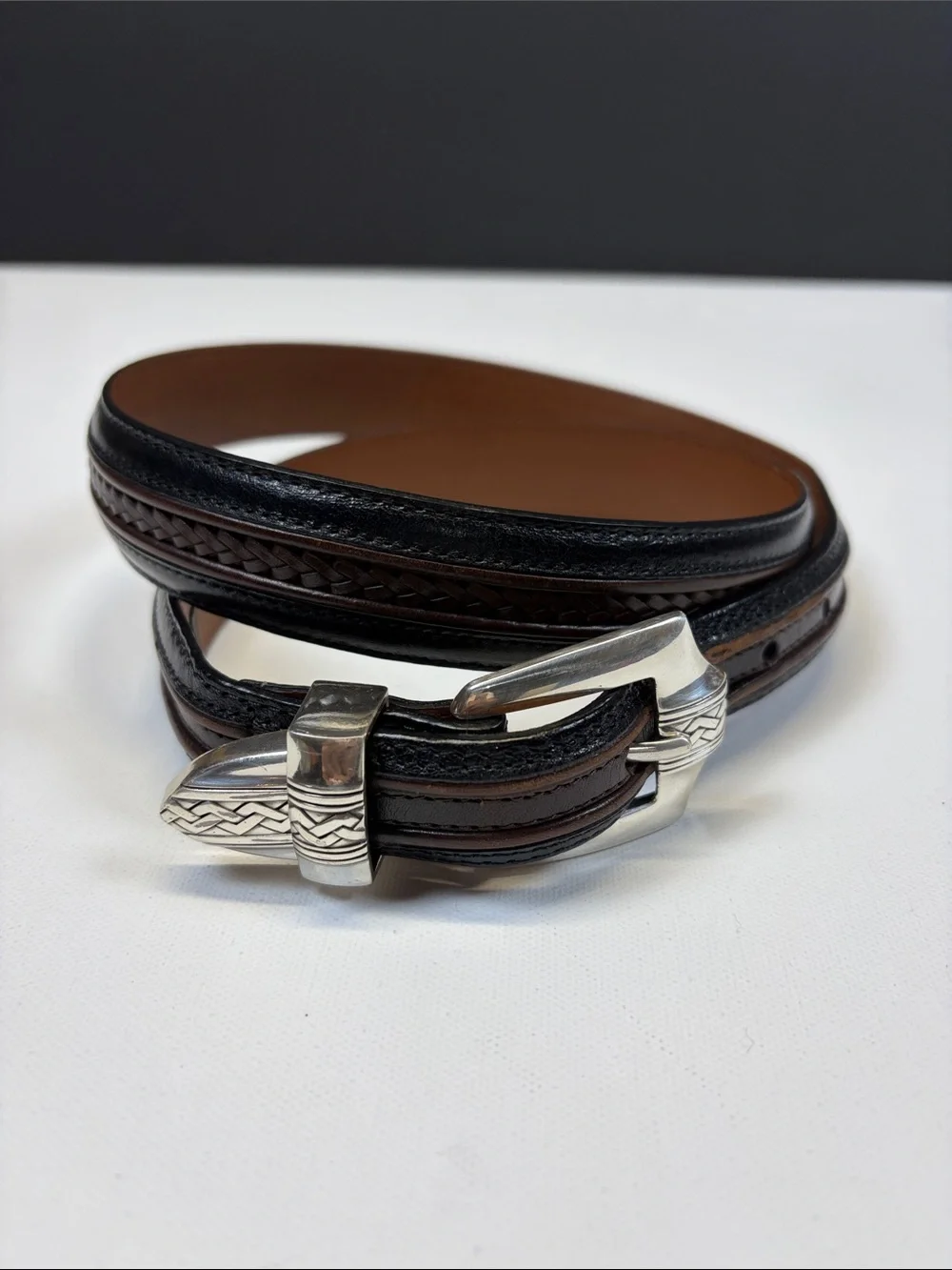 ONYX BY BRIGHTON MENS BLACK BROWN LEATHER WESTERN SIZE 40 SILVER BUCKLE